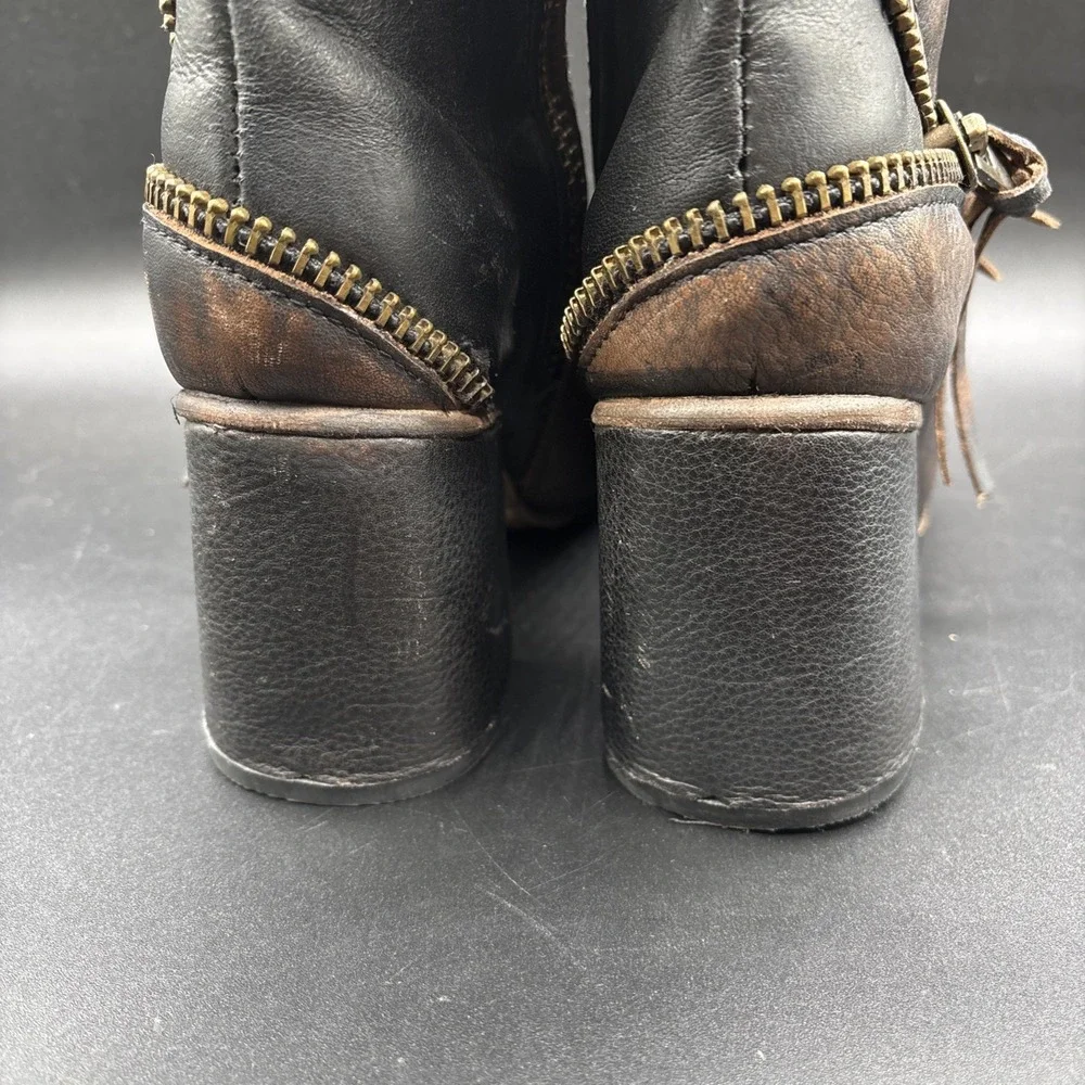 Freebird Zombi Leather Ankle Bootie Women's 8 Brown Zip Buckle Fringe Round Toe